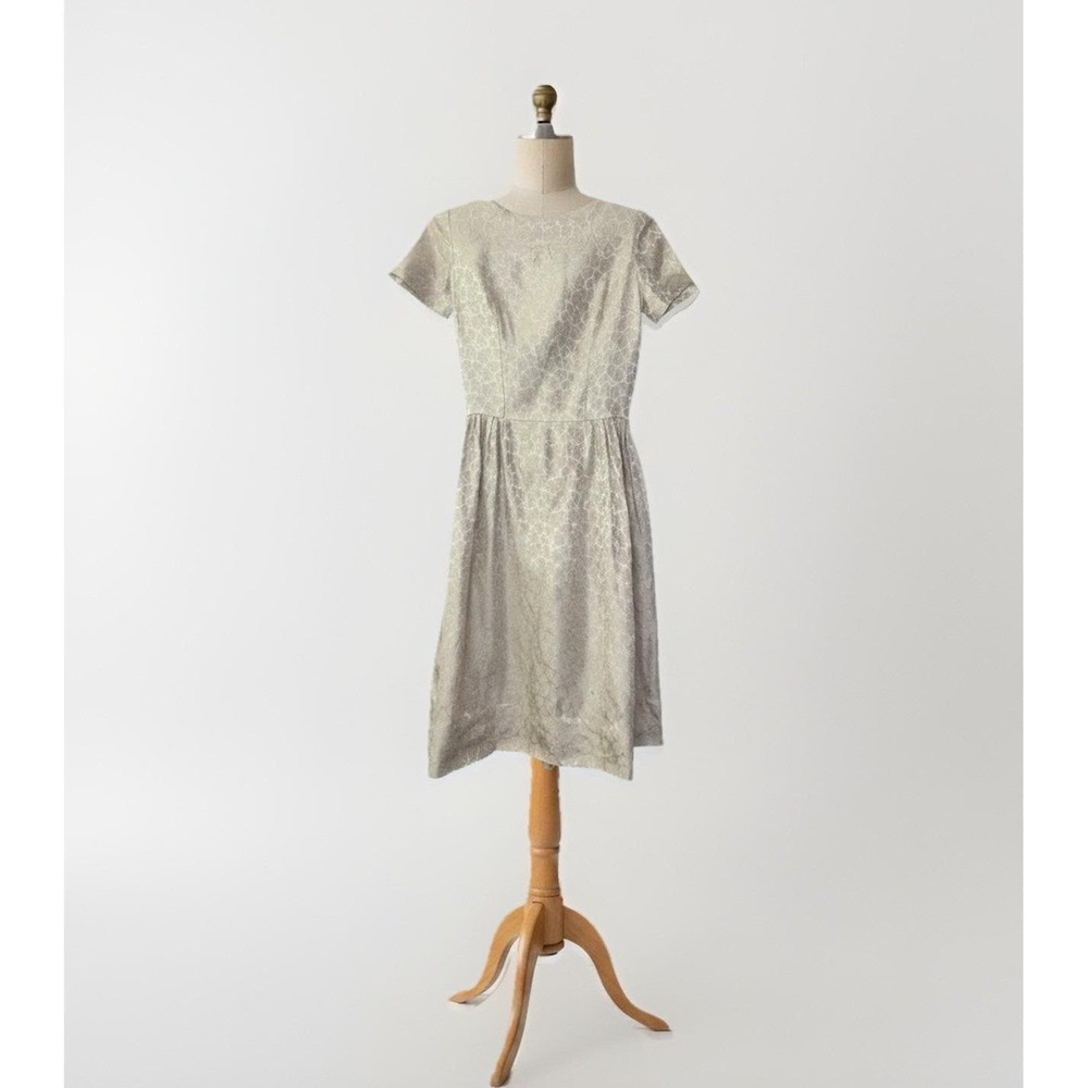 Vintage 1950's Champagne, Floral Satin Jacquard Cocktail Dress With Velvet Bows